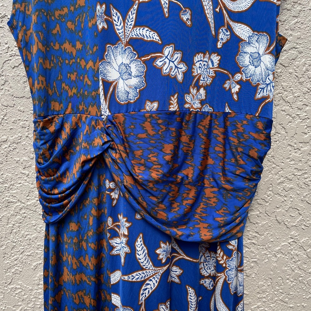 Ruched Waist Midi Dress 2XP Blue Mixed Print Stretch Petite Plus IMAN - Picture 4 of 10